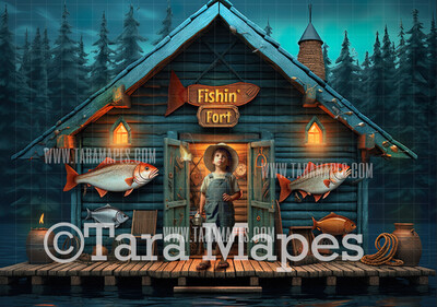 Fishing Hut Digital Backdrop - Fishing Fort - Gone Fishing Digital Background