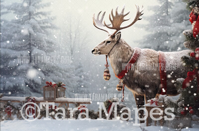 Reindeer Digital Backdrop - Free Snow overlay - Christmas Holiday Digital Background Backdrop JPG