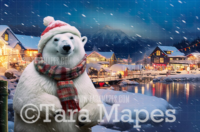 Polar Bear in Hat Digital Backdrop - Free  Snow Overlay - Christmas Digital Background Backdrop