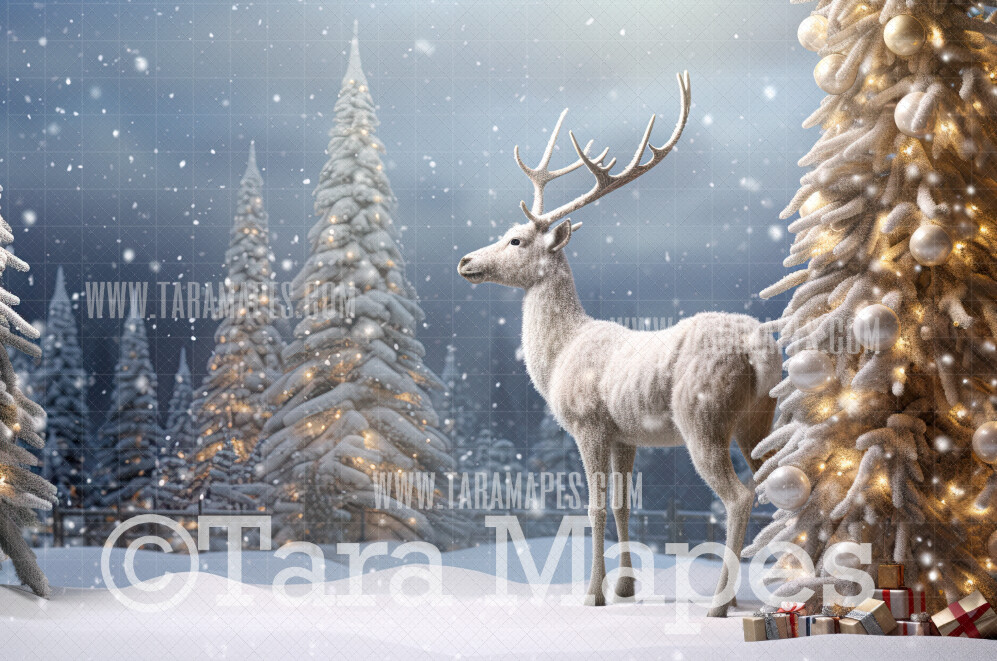 White Reindeer Digital Backdrop - Free Snow overlay - Christmas Holiday Digital Background Backdrop JPG