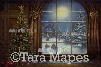 Painterly Christmas Window Digital Backdrop -  Old Fashioned Oil Painting Christmas Digital Background Backdrop JPG