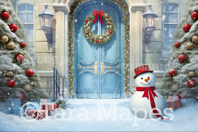 Christmas Door Digital Backdrop - Snowman by Christmas House  - Christmas Digital Background JPG