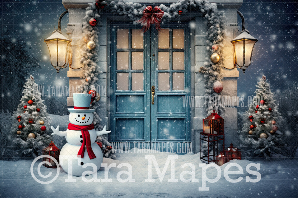 Christmas Door Digital Backdrop - Snowman by Christmas House  - Christmas Digital Background JPG