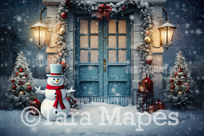 Christmas Door Digital Backdrop - Snowman by Christmas House  - Christmas Digital Background JPG