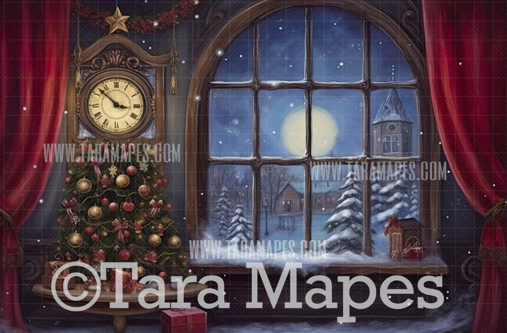 Painterly Christmas Window Digital Backdrop -  Old Fashioned Oil Painting Christmas Digital Background Backdrop JPG