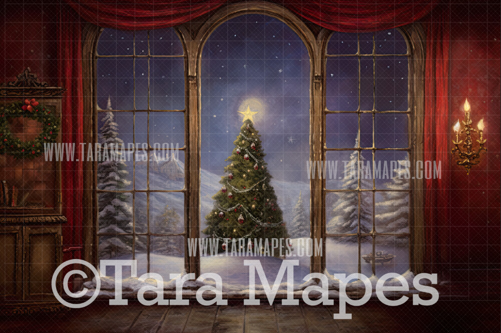 Painterly Christmas Window Digital Backdrop -  Old Fashioned Oil Painting Christmas Digital Background Backdrop JPG