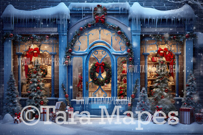 Blue Christmas Shop Digital Backdrop - Storefront Christmas Digital Background JPG