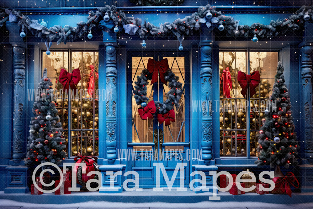 Blue Christmas Shop Digital Backdrop - Storefront Christmas Digital Background JPG
