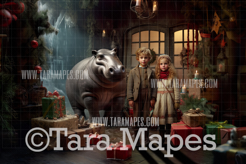 Christmas Hippo Digital Backdrop -- Christmas- I Want a Hippo Hippopotamus For Christmas - Christmas Digital Backdrop