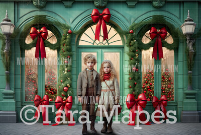 Green Christmas Shop Digital Backdrop - Storefront Christmas Digital Background JPG