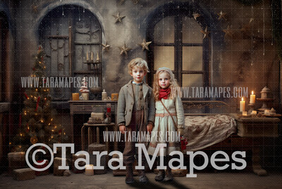 Vintage Bedroom Digital Backdrop -  Night Before Christmas Digital Backrop - FREE SNOW OVERLAY included