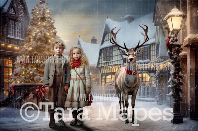 Reindeer Digital Backdrop - Free Snow overlay - Christmas Holiday Digital Background Backdrop JPG