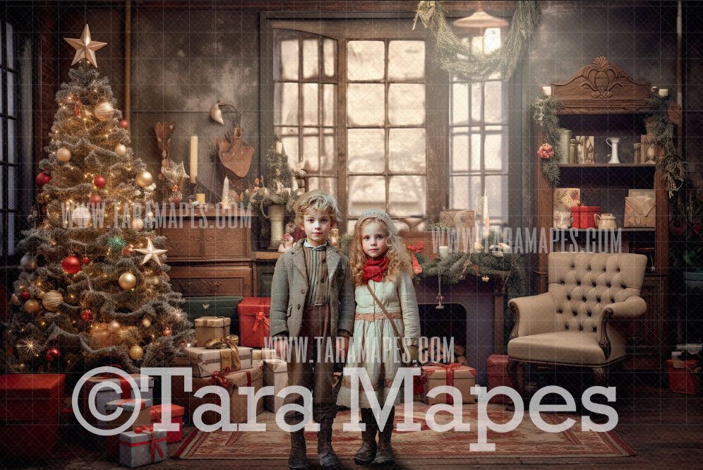 Vintage Christmas Town Digital Backdrop - Christmas House - Christmas Digital Background JPG