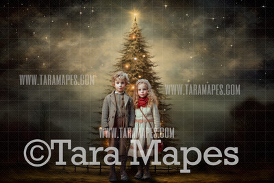 Vintage Christmas Tree Digital Backdrop -  Old Fashioned Painterly Christmas Tree - FREE SNOW OVERLAY included
