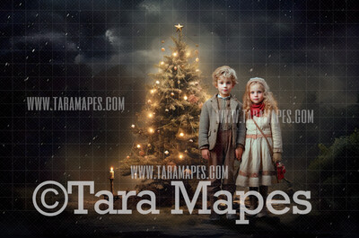 Vintage Christmas Tree Digital Backdrop -  Old Fashioned Painterly Christmas Tree - FREE SNOW OVERLAY included