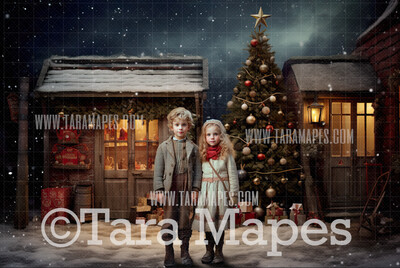 Vintage Christmas Town Digital Backdrop - Christmas House  - Christmas Digital Background JPG