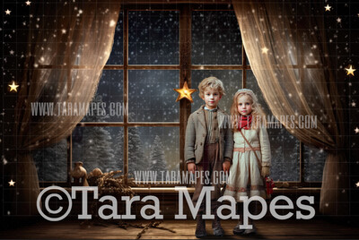 Vintage Christmas Window Digital Backdrop - Christmas Window Snowy Night -  Christmas Digital Background JPG