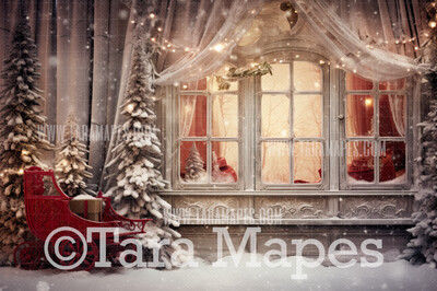 Christmas Window Digital Backdrop - Red Curtains Christmas Window Snowy Night -  Christmas Digital Background JPG