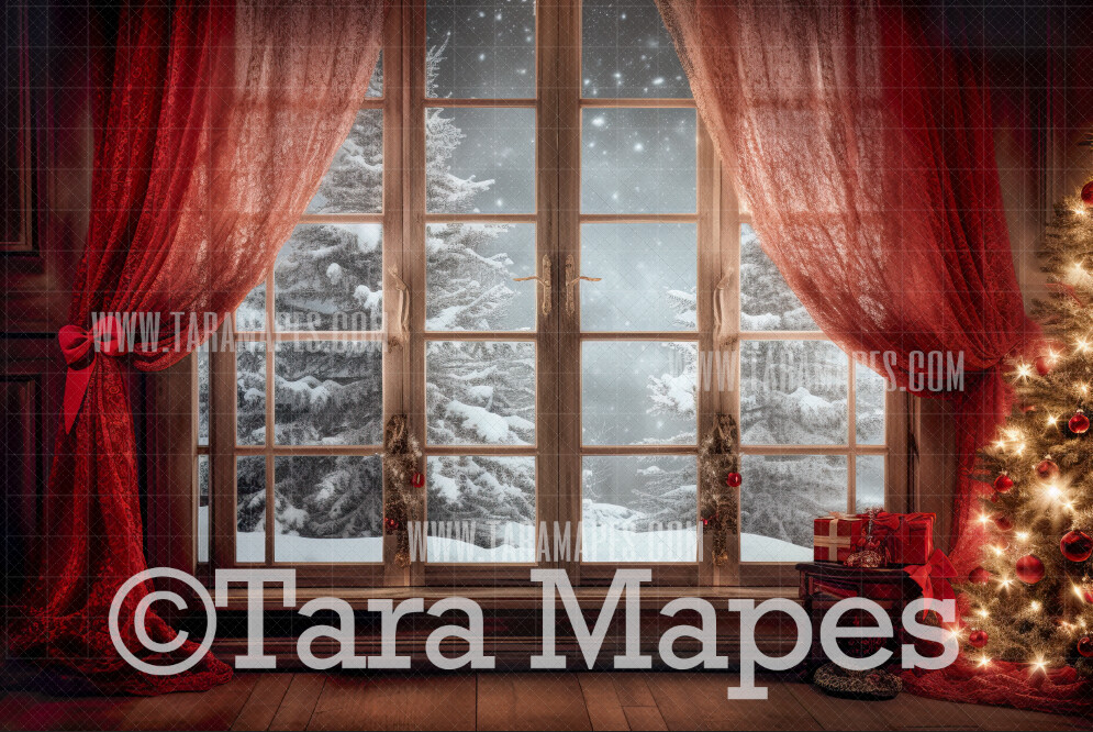 Christmas Window Digital Backdrop - Red Curtains Christmas Window Snowy Night - Christmas Digital Background JPG