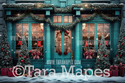 Teal Christmas Shop Digital Backdrop - Storefront Christmas Digital Background JPG