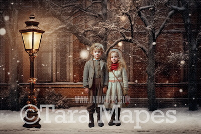 Christmas Street Lamp Digital Backdrop - Vintage Christmas Digital Background JPG - Free Snow Overlay Included