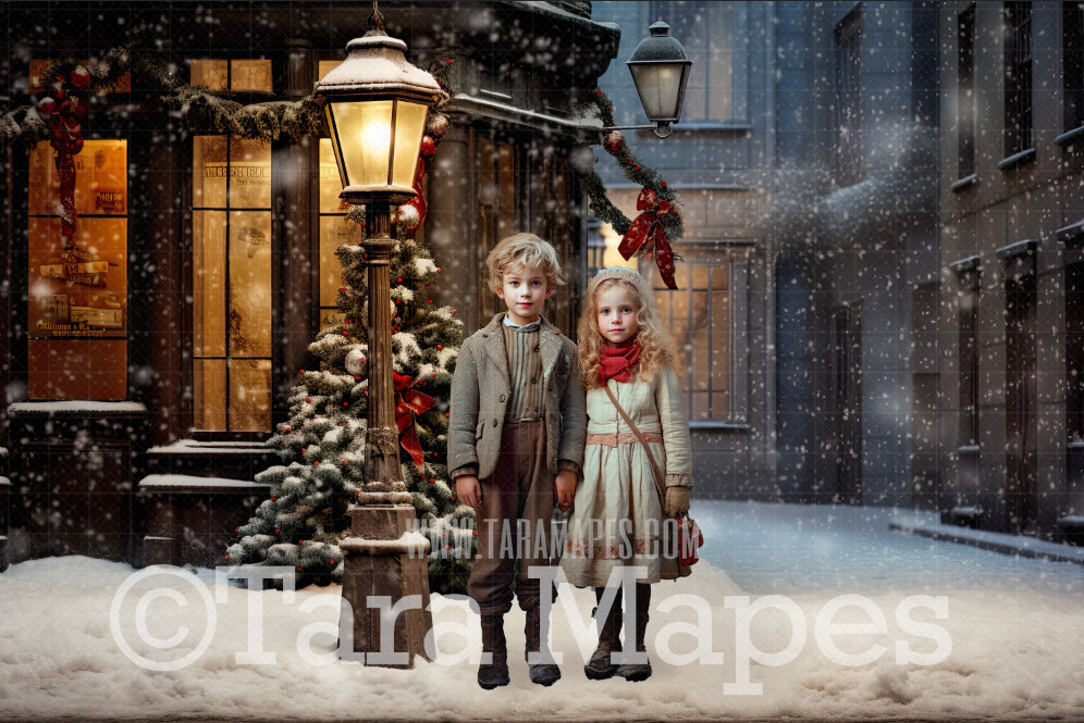Christmas Street Lamp Digital Backdrop - Vintage Christmas Digital Background JPG - Free Snow Overlay Included