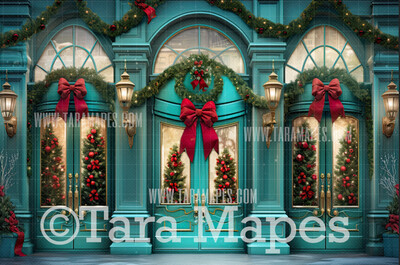 Green Christmas Shop Digital Backdrop - Storefront Christmas Digital Background JPG