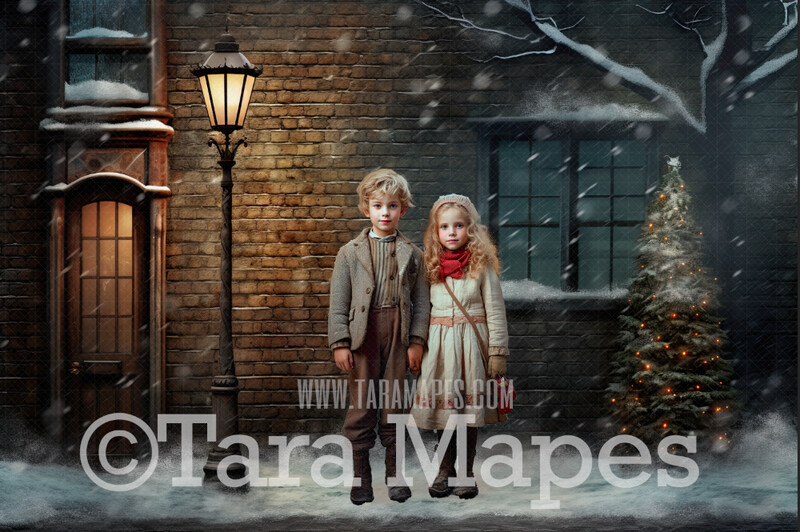 Christmas Street Lamp Digital Backdrop - Vintage Christmas Digital Background JPG - Free Snow Overlay Included