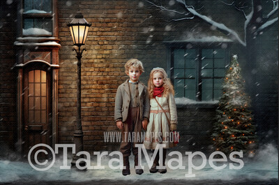 Christmas Street Lamp Digital Backdrop - Vintage Christmas Digital Background JPG - Free Snow Overlay Included