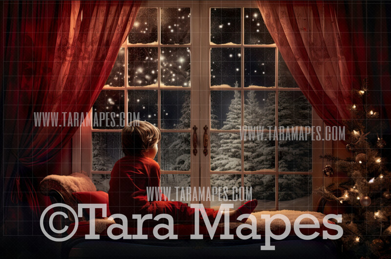 Christmas Window Digital Backdrop - Red Curtains Christmas Window Snowy Night - Christmas Digital Background JPG
