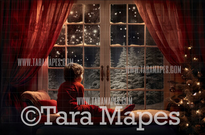 Christmas Window Digital Backdrop - Red Curtains Christmas Window Snowy Night -  Christmas Digital Background JPG