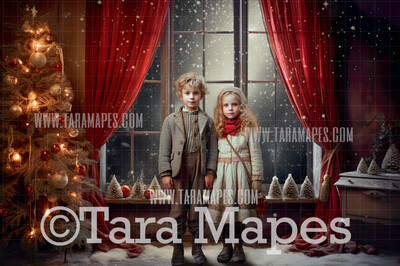 Christmas Window Digital Backdrop - Red Curtains Christmas Window Snowy Night -  Christmas Digital Background JPG