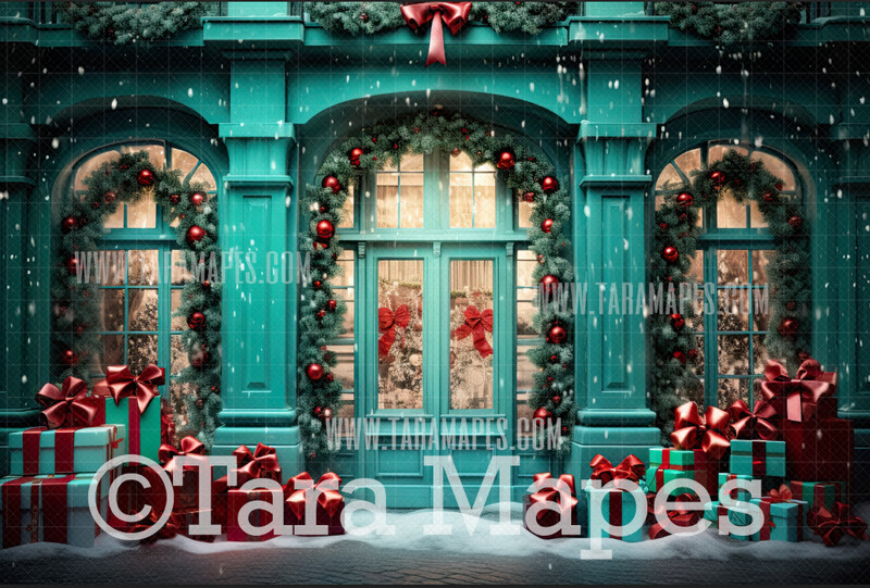 Teal Christmas Shop Digital Backdrop - Storefront Christmas Digital Background JPG