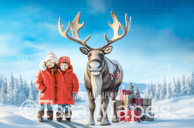 Reindeer Digital Backdrop - Free Snow overlay - Christmas Holiday Digital Background Backdrop JPG