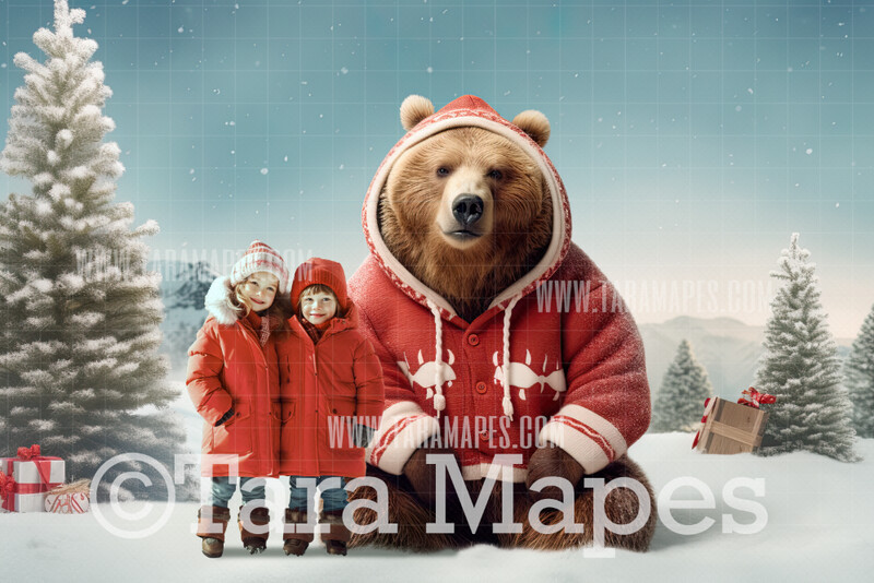 Christmas Bear Digital Backdrop - Free Snow overlay - Christmas Holiday Digital Background Backdrop JPG