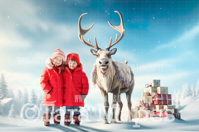 Reindeer Digital Backdrop - Free Snow overlay - Christmas Holiday Digital Background Backdrop JPG