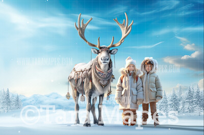 Reindeer Digital Backdrop - Free Snow overlay - Christmas Holiday Digital Background Backdrop JPG