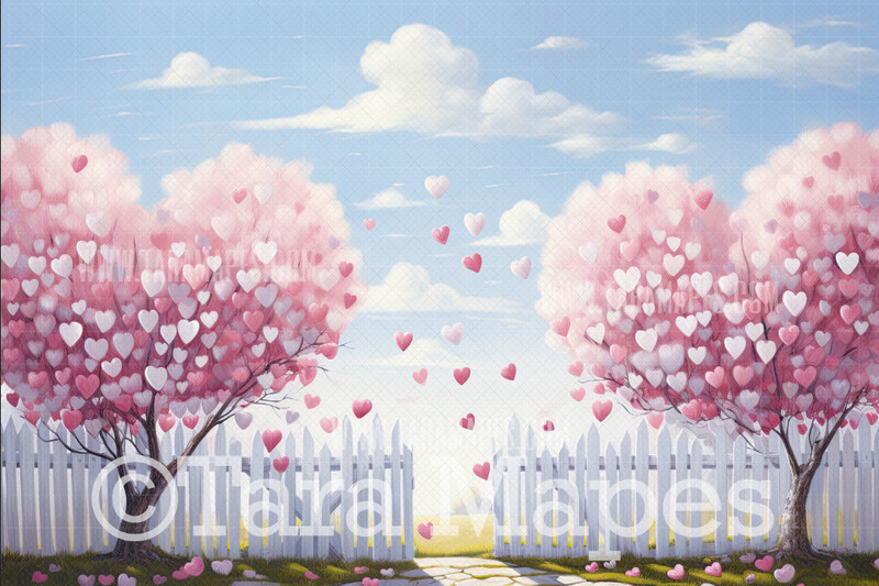 Valentine Trees with Hearts Digital Backdrop - Valentine Digital Background