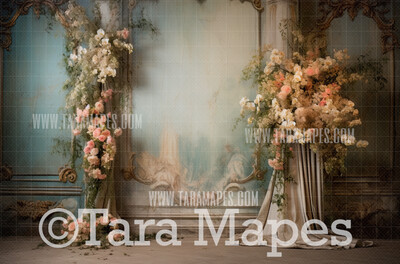 Renaissance Room Digital Backdrop - Garden Room with Feathers and Flowers - Pink Painterly Window Digital Background JPG