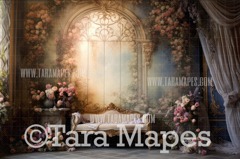 Renaissance Room Digital Backdrop - Garden Room with Flowers - Pink Painterly Window Digital Background JPG