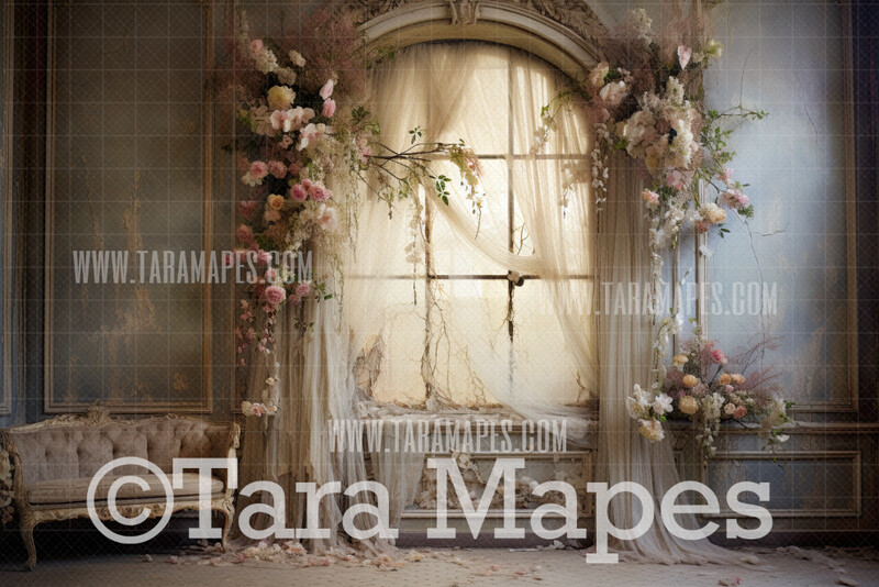 Renaissance Room Window Digital Backdrop - Garden Room with Flowers - Pink Painterly Window Digital Background JPG