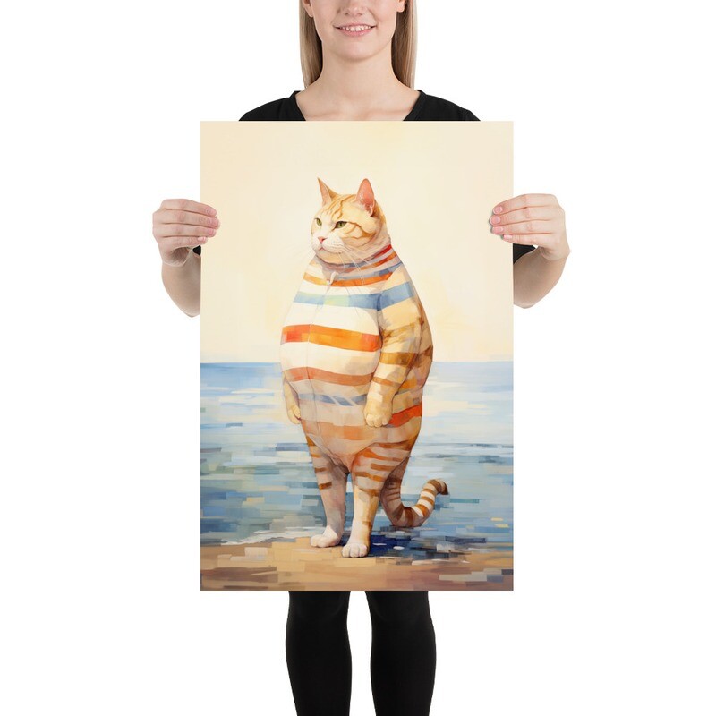 Fat Cat Beach Painting Poster