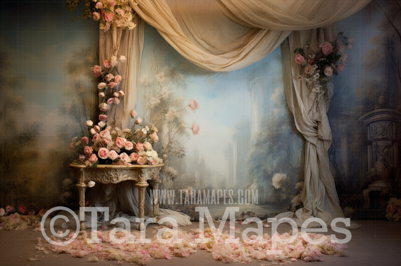 Renaissance Room Digital Backdrop - Garden Room with Flowers - Painterly Digital Background JPG