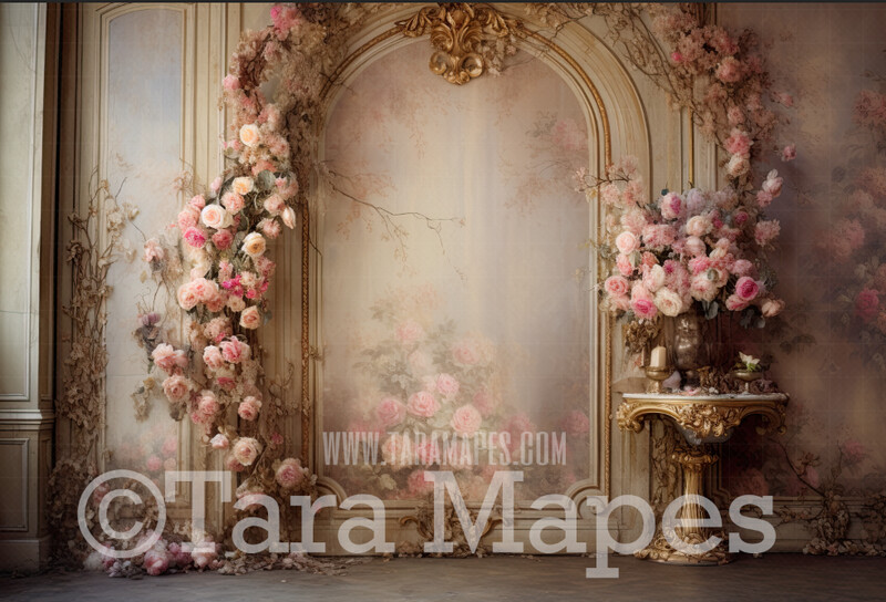Pink Roses Room Digital Backdrop - Victorian Room with Flowers - Painterly Digital Background JPG