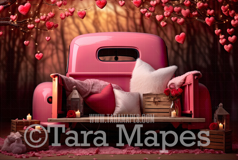 Vintage Pink Valentine Truck Digital Backdrop - Valentine Digital Background