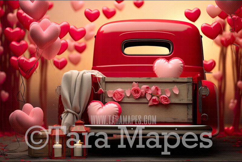 Vintage Pink Valentine Truck Digital Backdrop - Valentine Digital Background