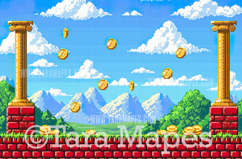 Pixelated Video Game Digital Background - Retro Game Scene Digital Backdrop