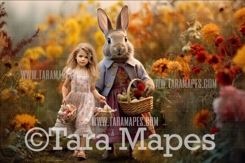 Easter Bunny in Dress Digital Backdrop - Easter Bunny in Field with Basket Digital Background - Easter Digital Background JPG