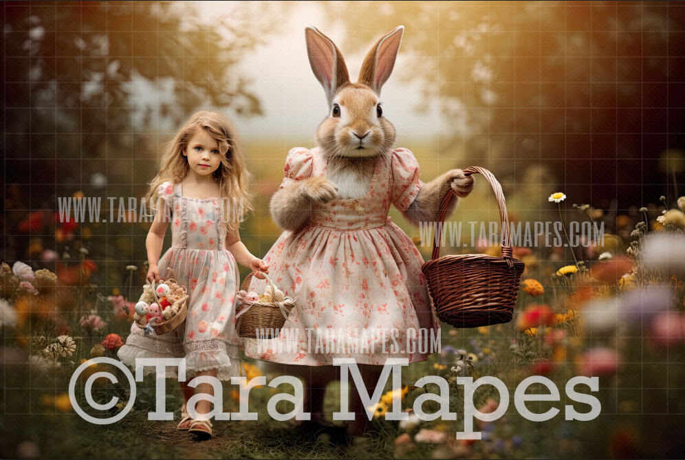 Easter Bunny in Dress Digital Backdrop - Easter Bunny in Field with Basket Digital Background - Easter Digital Background JPG