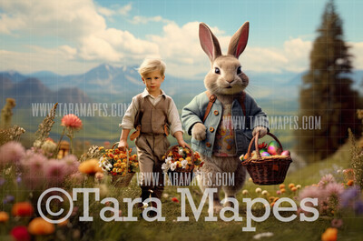 Easter Bunny in Dress Digital Backdrop - Easter Bunny in Field with Basket Digital Background - Easter Digital Background JPG